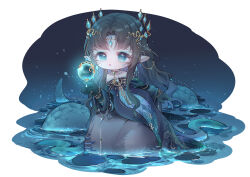 1girl absurdres aqua_dress aqua_eyes aqua_eyeshadow bare_shoulders black_dress black_gloves black_hair blue_choker blue_scales bracelet chibi choker circlet dark dot_nose dress earrings elbow_gloves eyelashes eyeshadow gloves glowing gold_bracelet gold_circle gown hair_ornament highres infinity_nikki jewelry lace-trimmed_dress lace_trim lake lamia layered_dress light_particles lily_pad long_dress long_hair long_sidelocks long_sleeves looking_at_object makeup monster_girl multiple_bracelets necklace night night_sky nikki_(series) nuli_de_chengzhi_er object_floating_above_hand off-shoulder_dress off_shoulder on_rock parted_lips pointy_ears sidelocks sitting sky snake_tail solo tail tareme tide_of_tears_(infinity_nikki) very_long_hair very_long_tail wavy_hair white_background wide_sleeves 