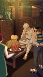  53cards absurdres ahoge bare_arms bare_shoulders black_hair blush board_game brown_hair carrying chanchanko_(clothes) child collarbone dress facing_back family father_and_son fence food fruit full_body gegege_no_kitarou geta green_dress grey_hair hand_on_another's_back hand_on_own_chin heart_shaped_head highres holding holding_food holding_fruit house japanese_clothes jinbei_(clothes) kimono kitarou kitarou_tanjou:_gegege_no_nazo konaki_jijii leaf long_skirt medama_oyaji_(human) mizuki_(gegege_no_kitarou) mother_and_son motion_blur neck night parted_bangs piggyback playing playing_games rooftop shogi short_hair sitting skirt sleeping sleeveless sleeveless_dress standing striped_clothes striped_kimono summer tank_top traditional_youkai very_short_hair watermelon watermelon_slice white_kimono white_tank_top wooden_fence yukata 