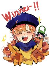  2boys alena_(dq4) beard blue_hair blue_hat blue_scarf brey clift closed_eyes cropped_torso double_v dragon_quest dragon_quest_iv dress facial_hair furrowed_brow gloves green_hat hat heart heart-shaped_eyes highres mamesan_2024 multiple_boys mustache old old_man open_mouth orange_gloves orange_hair scarf smile sparkle sweatdrop upper_body v white_background white_hair yellow_dress 