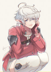 1girl ahoge alisaie_leveilleur arm_rest blue_eyes boots chest_belt earclip elbow_on_knee elbow_rest elezen elf final_fantasy final_fantasy_xiv fingerless_gloves gloves highres jacket kazunokabeff long_hair looking_at_viewer pointy_ears red_gloves red_jacket simple_background smile solo squatting thigh_boots white_background white_boots white_hair 