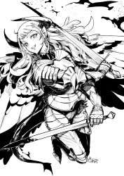  1girl armet armor chainmail couter cuirass cuisses demon_girl demon_horns demon_tail dual_wielding earrings feathered_wings gauntlets gothic_plate_armor greaves grin highres holding horns jewelry knight monochrome original pauldrons pirata_(gailtonatiu) plate_armor pointy_ears poleyn rerebrace sabaton shoulder_armor signature smile solo tail wings 