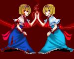  bad_id blonde_hair blood clone dual_persona heart ribbon skirt skirt_lift symmetrical_hand_pose touhou yutazou 