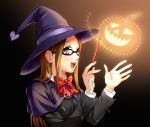  brown_hair fushimi_chihiro glasses glow glowing halloween hat heart koremi2 koremitsu long_hair persona persona_3 ribbon school_uniform smile wand witch_hat 