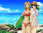  beach bikini black_hair blonde_hair cloud clouds genshiken hand_holding hat highres holding_hands kasukabe_saki long_hair multiple_girls ocean oono_kanako sky swimsuit water 