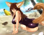  ass barefoot beach breasts ears fukiishi_ayako glasses large_breasts one-piece one-piece_swimsuit solo swimsuit tail vorpal-duck 