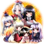  animal_ears bad_id barefoot black_hair blue_eyes blue_hair bow bunny_ears chibi everyone fire fujiwara_no_mokou hair_bow hair_ribbon hat houraisan_kaguya inaba_tewi kamishirasawa_keine kozue long_hair multiple_girls necktie purple_hair rabbit_ears red_eyes reisen_udongein_inaba ribbon short_hair silver_hair touhou yagokoro_eirin yukibina 