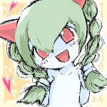  alternate_hairstyle blush braid costume flat_chest green_hair kirlia lowres nintendo oekaki pokemon red_eyes smile solo twin_braids 