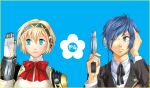  arisato_minato blonde_hair blue_eyes blue_hair evoker gun headphones koremi2 koremitsu persona persona_3 ribbon short_hair weapon wink 