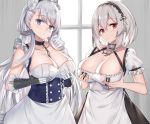  2girls anchor apron azur_lane backlighting bare_shoulders belfast_(azur_lane) between_breasts blush bodice braid breast_lift breasts buttons chains choker cleavage collar collarbone commentary_request day dress french_braid frilled_sleeves frills gauntlets gloves grey_hair hairband head_tilt kanikou large_breasts long_hair looking_at_viewer maid maid_apron maid_headdress multiple_girls parted_lips red_eyes short_hair short_sleeves side-by-side sidelocks silver_hair sirius_(azur_lane) standing taut_clothes taut_dress upper_body very_long_hair violet_eyes waist_apron white_apron white_gloves window 