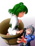  girl_in_bucket glasses green_eyes green_hair hair_bobbles hair_ornament in_bucket in_container kisume morichika_rinnosuke short_hair silver_hair touhou twintails yellow_eyes yoshio 