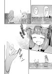  2girls comic crescent detached_sleeves frog_hair_ornament hair_ornament hat highres kochiya_sanae monochrome multiple_girls outdoors partially_submerged patchouli_knowledge smile snake_hair_ornament sora_freebird sun_hat touhou translation_request water 