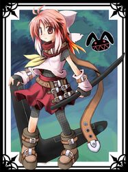  aruha belt boomerang boots chainmail child fingerless_gloves fishnets gloves katana pink_eyes pink_hair pixiv pixiv_fantasia pixiv_fantasia_3 school_uniform serafuku sheath sheathed shirasaya sword weapon yuuhi_aruha 