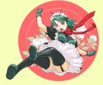  female genderswap gloves green_hair hairband kamen_rider kamen_rider_1 kick kicking maid panties personification red_eyes rider-tan scarf skirt solo thigh-highs thighhighs ueyama_michirou upskirt 