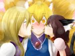  :&lt; animal_ears blonde_hair blush brown_hair cat_ears cat_tail cheek_kiss chen fox_ears fox_tail kiss multiple_girls multiple_tails no_hat no_headwear tail touhou yakumo_ran yakumo_yukari yana_(nekoarashi) yellow_eyes 