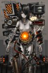  black_hair breasts cable flower gia glow glowing grey_skin hair_over_one_eye highres ivy machine no_nipples orange_eyes original science_fiction screen short_hair solo tattoo topless wire 