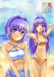  beach bikini bla_(artist) blue_eyes breasts clannad cleavage fujibayashi_kyou fujibayashi_ryou halterneck long_hair lowres purple_eyes purple_hair sarong short_hair siblings sisters swimsuit twins violet_eyes 