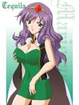  blush breast_hold breasts cape character_name circlet cleavage dress eagle41 galaxy_angel galaxy_angel_rune large_breasts long_hair purple_hair tequila_marjoram tiara 