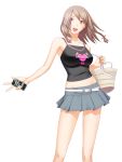  braid brown_hair camisole casual cellphone engrish erect_nipples hair_ornament hair_ribbon iphone kuri_(kurigohan) midriff miniskirt open_mouth orange_eyes phone ranguage ribbon short_hair simple_background skirt smile twin_braids 