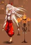  checkered_background clog_sandals feet fire fujiwara_no_mokou gia hand_in_pocket lantern light long_hair no_socks outstretched_arm sandals suspenders touhou white_hair 