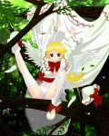 1girl angel_wings blonde_hair blue_eyes breasts clothes eyebrows_visible_through_hair feathers hat highres lily_white looking_at_viewer no_bra panties thigh-highs thighhighs torn_clothes torn_thighhighs touhou tree underwear white_panties white_wings wings yellow