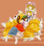  animal_ears barefoot blonde_hair brown_hair cat_ears cat_tail chen closed_eyes fox_tail girl_sandwich hat hug itoyo multiple_girls multiple_tails sleeping tail touhou yakumo_ran yakumo_yukari 