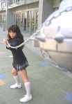  angelicstar asian brown_hair brunette cosplay flail gogo_yubari kill_bill long_hair martial_arts photo photo_shoot photograph plaid_skirt school_uniform short_skirt skirt stockings villain 