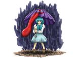  blue_hair geta heterochromia karakasa karakasa_obake rain red_eyes ruins_(artist) sandals short_hair tatara_kogasa tongue touhou umbrella 