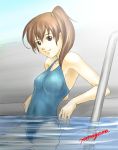 brown_hair competition_swimsuit hanayama_tooru long_hair one-piece_swimsuit ponytail pool poolside swimsuit 