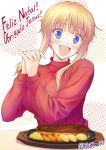  1girl :d blonde_hair blue_eyes blush fang food gt_(acidhead_gt) hand_holding happy kuneru_marta long_hair looking_at_viewer marta open_mouth portuguese smile solo sweater turtleneck 