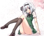  1girl amagi_(amagi626) ass black_bow black_hairband black_legwear black_neckwear black_ribbon blue_eyes blush bow cherry_blossoms commentary_request eyebrows_visible_through_hair green_skirt green_vest hair_ribbon hairband head_tilt kneehighs knees_up konpaku_youmu loafers looking_at_viewer neck_bow parted_lips petals petticoat puffy_short_sleeves puffy_sleeves ribbon shirt shoes short_hair short_sleeves silver_hair simple_background sitting skirt solo touhou vest white_background white_shirt 