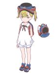  1girl arm_at_side arm_behind_back backpack bag blonde_hair blue_footwear boyshorts closed_mouth full_body green_eyes helmet highres looking_at_viewer nazoani_museum original red_footwear school_uniform serafuku shirt shoes short_hair simple_background solo standing twintails white_background white_shirt 