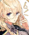  1girl adjusting_eyewear blonde_hair blue_eyes braid bullet glasses original ribbon round_eyewear shell_casing teshima_nari 