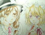  2girls blonde_hair brown_eyes brown_hair chin_rest colored_eyelashes hair_ribbon hat highres looking_at_another maribel_hearn mob_cap multiple_girls neck_ribbon necktie nora_wanko pen ribbon short_hair smile sweatdrop touhou traditional_media usami_renko violet_eyes 