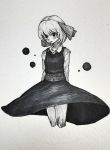  1girl absurdres arms_behind_back bangs blush bow commentary_request cropped_legs empty_eyes eyebrows_visible_through_hair greyscale hair_bow highres looking_at_viewer mashimashi monochrome open_mouth rumia short_hair skirt solo touhou traditional_media 