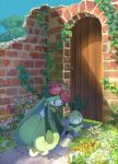  blue_sky copyright_request day flower game_freak grass highres holding ivy nintendo no_humans outdoors pippi_(pixiv_1922055) pokemon red_eyes ruins sky watering watering_can |_| 