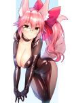  1girl :3 animal_ears bangs blush breasts catsuit cleavage closed_mouth collarbone eyebrows_visible_through_hair fate/extra fate/grand_order fate_(series) fox_ears fox_tail glasses highres large_breasts leg_up long_hair looking_at_viewer pink_hair ponytail sidelocks silver15 smile solo tail tamamo_(fate)_(all) tamamo_no_mae_(fate) thick_eyebrows thigh_gap thighs yellow_eyes 