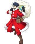  1boy :d bag belt black_gloves blue_hair box brown_footwear full_body fur_trim gift gift_bag gift_box glasses gloves hair_between_eyes holding holding_bag holding_box log_horizon official_art one_leg_raised open_mouth pants red_pants rimless_eyewear santa_costume scroll shiroe short_hair smile solo standing standing_on_one_leg sweatdrop transparent_background 