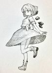  1girl bangs blush bow cirno closed_mouth from_side full_body hair_bow highres ice ice_wings looking_at_viewer mashimashi monochrome shoes short_hair solo standing standing_on_one_leg touhou traditional_media wings 