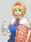  1girl :d alice_margatroid belt blonde_hair blue_dress blue_eyes blush bottle breasts bright_pupils capelet chanta_(ayatakaoisii) commentary_request dress grey_background hairband highres holding large_breasts looking_at_viewer open_mouth pillow polka_dot short_hair short_sleeves simple_background smile solo touhou water_bottle 