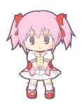  1girl bangs blush bow chibi choker closed_mouth collarbone commentary_request dress eyebrows_visible_through_hair gloves hair_between_eyes hair_bow kaname_madoka kneehighs mahou_shoujo_madoka_magica own_hands_together pink_dress pink_eyes pink_hair puffy_short_sleeves puffy_sleeves red_bow red_choker red_footwear rinechun shoes short_sleeves sidelocks smile solo standing twintails v_arms white_gloves white_legwear 