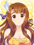  1girl bangs bare_shoulders bracelet breasts butterfly cleavage closed_mouth commentary_request dress hair_ornament hairclip highres idolmaster idolmaster_million_live! insect jewelry large_breasts long_hair looking_at_viewer miyao_miya petals simple_background smile solo totokichi upper_body yellow_dress 