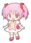  1girl :d bangs blush bow chibi choker collarbone commentary_request dress eyebrows_visible_through_hair full_body gloves hair_between_eyes hair_bow kaname_madoka kneehighs looking_at_viewer mahou_shoujo_madoka_magica open_mouth pink_dress pink_eyes pink_hair puffy_short_sleeves puffy_sleeves red_bow red_choker red_footwear rinechun shoes short_sleeves simple_background smile solo standing twintails white_background white_gloves white_legwear 