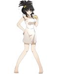  1girl barefoot bell black_eyes black_hair breasts cleavage collarbone eyebrows_visible_through_hair full_body hair_bell hair_ornament hand_on_hip holding_eyewear lark_(log_horizon) log_horizon long_hair looking_at_viewer medium_breasts naked_towel official_art solo standing towel transparent_background white_towel 