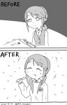  1girl 2koma artist_request bangs before_and_after closed_eyes comic copy_machine empty_eyes expressionless happy highres idolmaster idolmaster_cinderella_girls kindergarten_uniform mifune_miyu monochrome name_tag ponytail shirt simple_background smile solo spoon twintails vest white_shirt 
