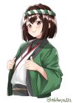  1girl brown_eyes brown_hair ebifurya hachimaki happi headband highres hyuuga_(kantai_collection) japanese_clothes kantai_collection looking_at_viewer nontraditional_miko short_hair simple_background solo twitter_username undershirt upper_body white_background 