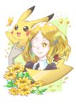  androgynous blonde_hair butterfly eyebrows_visible_through_hair flower gem_uniform_(houseki_no_kuni) houseki_no_kuni insect one_eye_closed open_mouth pikachu pokemon smile sunflower yan531 yellow yellow_diamond_(houseki_no_kuni) yellow_eyes 