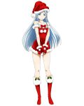  1girl blue_eyes blush boots bow collarbone dress dress_tug full_body fur_trim gloves hat log_horizon long_hair looking_away official_art red_bow red_dress red_footwear red_gloves red_hat reinesia_el_arte_cowen santa_boots santa_costume santa_hat silver_hair sleeveless sleeveless_dress solo standing strapless strapless_dress transparent_background very_long_hair 