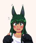  /\/\/\ 1girl :d alternate_costume anubis_(monster_girl_encyclopedia) blush choker commission dress embarrassed eyebrows_visible_through_hair flying_sweatdrops green_eyes green_hair hands_up highres ignacio_penailillo looking_at_viewer monster_girl monster_girl_encyclopedia open_mouth paws simple_background smile solo sweatdrop upper_body white_dress yellow_background 