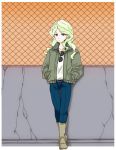  1girl blonde_hair blue_eyes boots denim diana_cavendish earrings fence hands_in_pockets jacket jeans jewelry little_witch_academia pants raisun solo sunglasses 