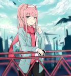  1girl absurdres adore_(adoredesu) aqua_eyes bangs bird black_pants blurry blurry_background candy cellphone cityscape clouds cloudy_sky darling_in_the_franxx eyebrows_visible_through_hair food hairband highres holding holding_cellphone holding_food holding_phone horns jacket lollipop long_hair pants phone pink_hair ponytail red_scarf scarf shirt sky solo standing tongue tongue_out white_hairband white_shirt zero_two_(darling_in_the_franxx) 